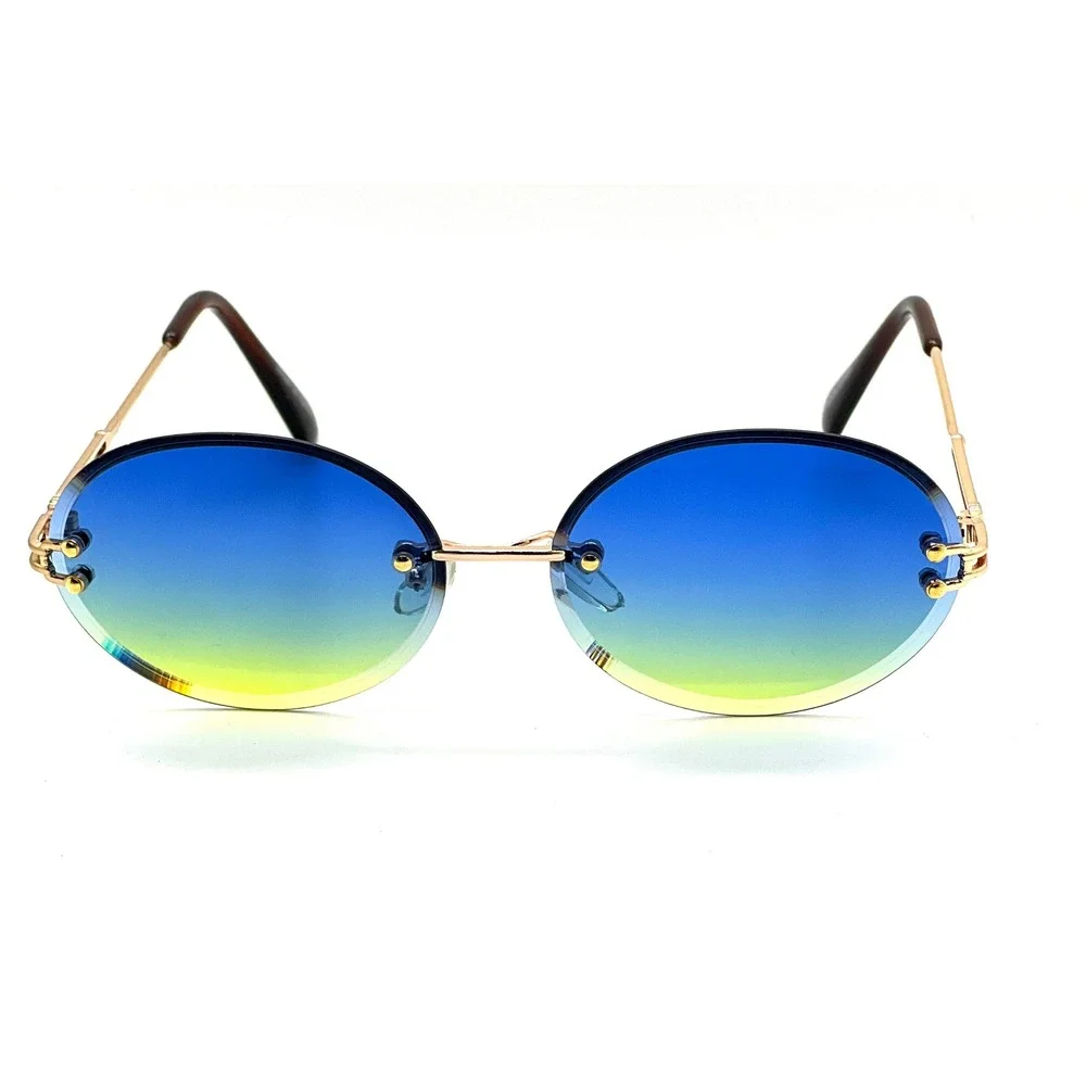 Rimless Oval Sunglasses‎ Blue Yellow Gradient Lens Gold Accents Fashion Luxury